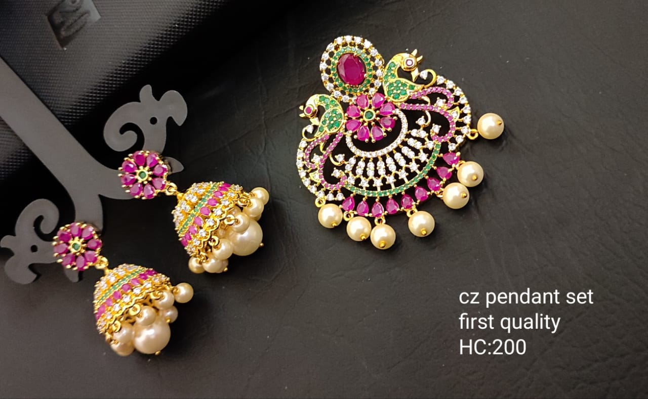 Ruby Stone Pendant Set Peacock Designer CZ Stone with Flower Earrings JIMIKKI