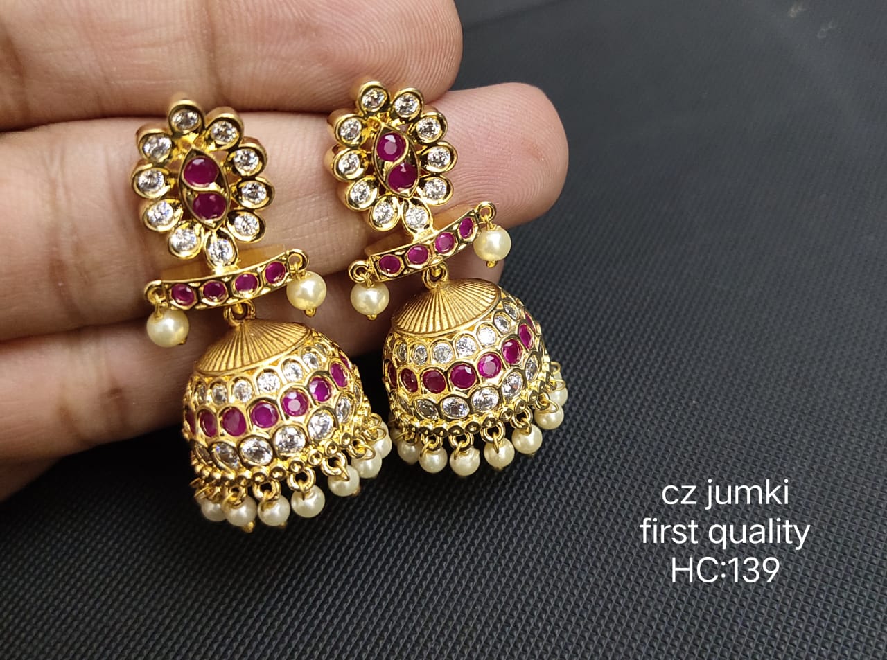 Silver Replica Jhumkas With Cz Stone Stud, Light Orange