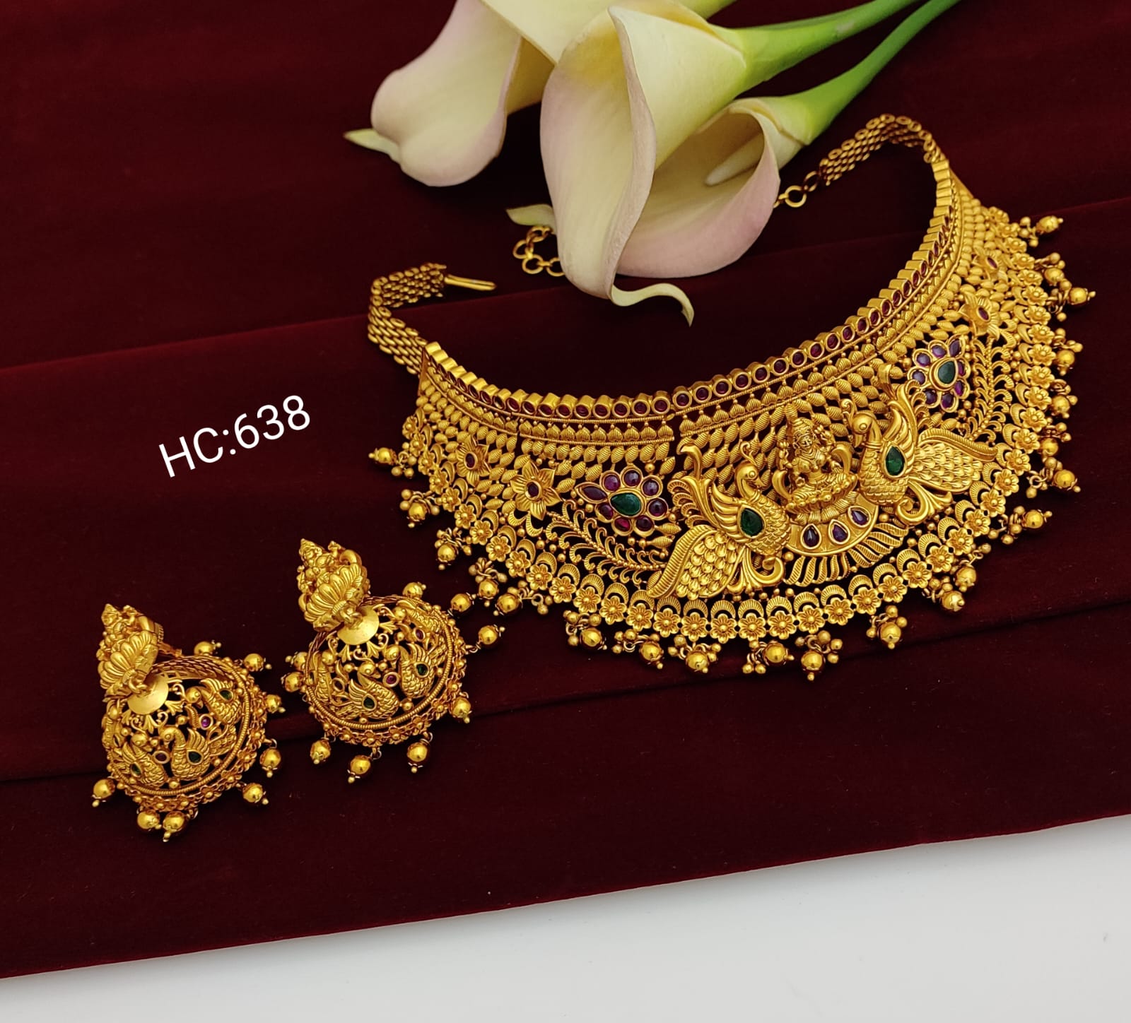Traditional Antique Jewellery Lakshmi Devi Chocker Hanging Drops Necklace with Earrings Set JIMIKKI