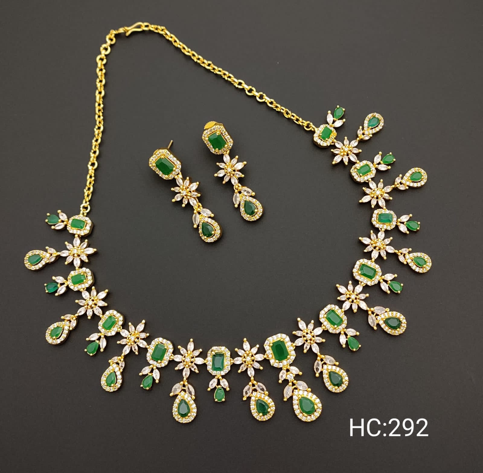 Crystal Shine Green and White American Diamond Floral Design Necklace Set with Earrings JIMIKKI