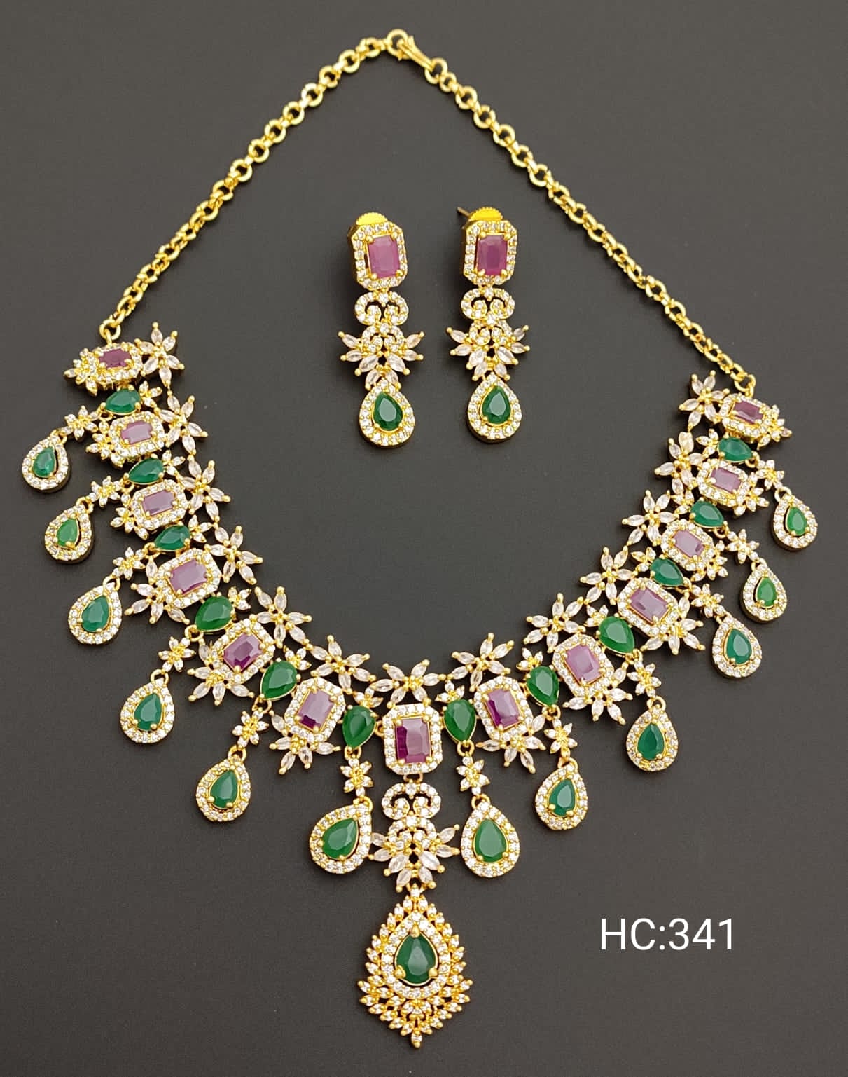 Adorable Semi Precious Green Ruby With CZ Stones Necklace Set With Floral Drop Style Earrings JIMIKKI