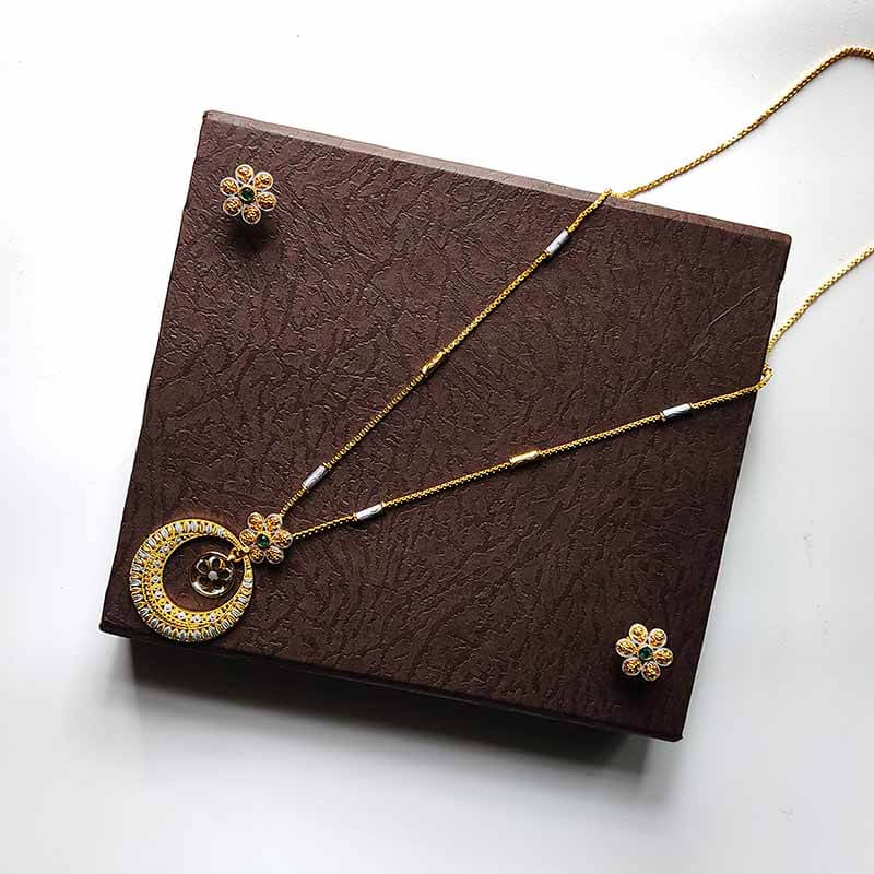 Modern Mahar Mala Round Locket Circle Style Hanging with Round Flower Green Stone Classic Stud Earring Modern Jewellery Set Necklace for Girls and Women JIMIKKI